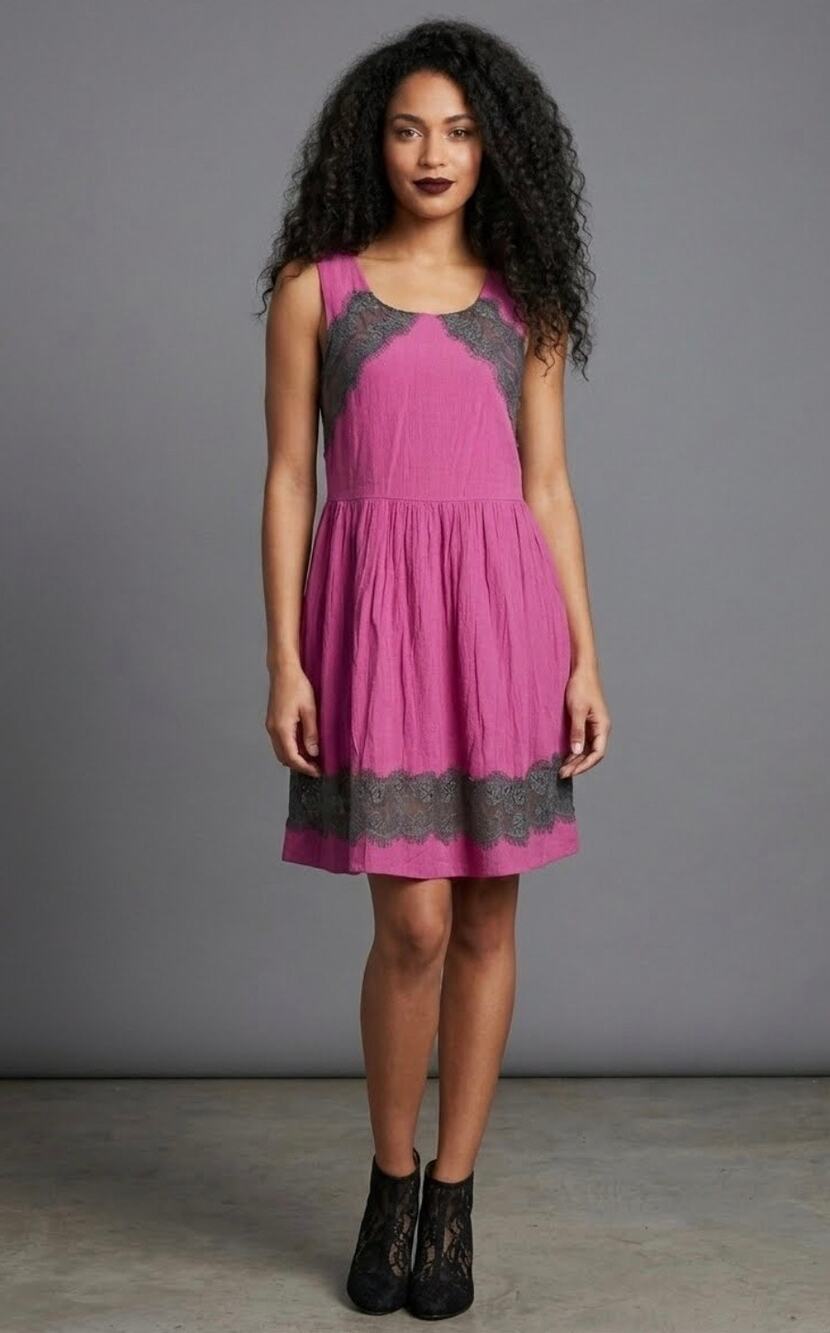 Free People Georgia Magenta Plum Gray Lace Mini Swing Sleeveless Y2K Goth Dress